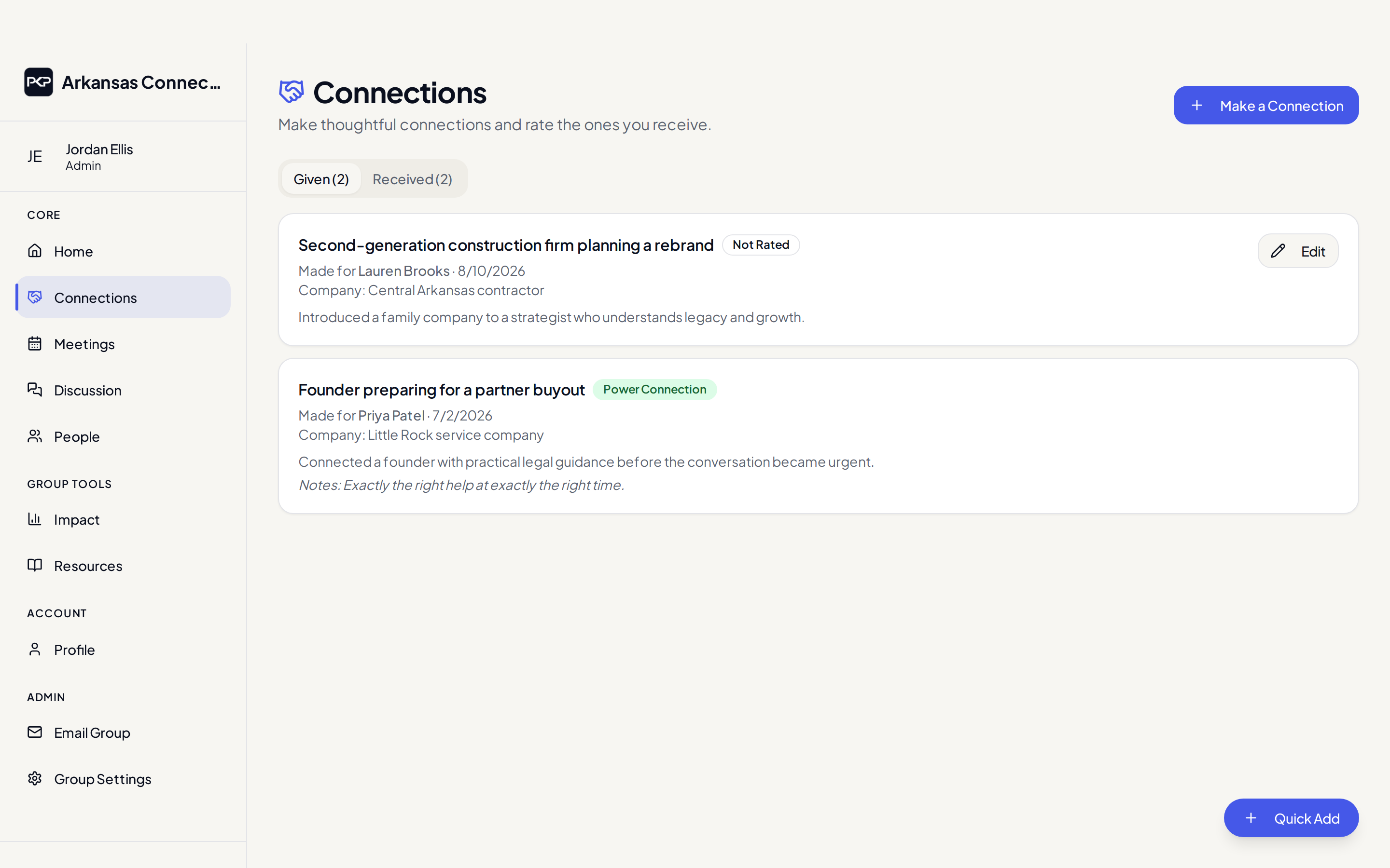 Arkansas Connectors Power Connections list showing strategic introductions and a connection recognized as a Power Connection