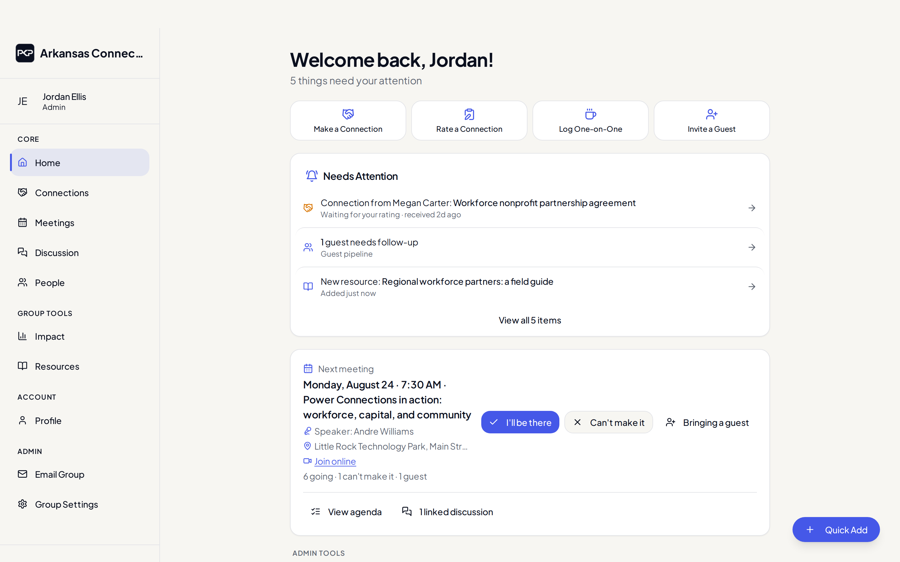 Member dashboard showing Make a Connection and Rate a Connection actions, a connection awaiting a rating, and an upcoming meeting