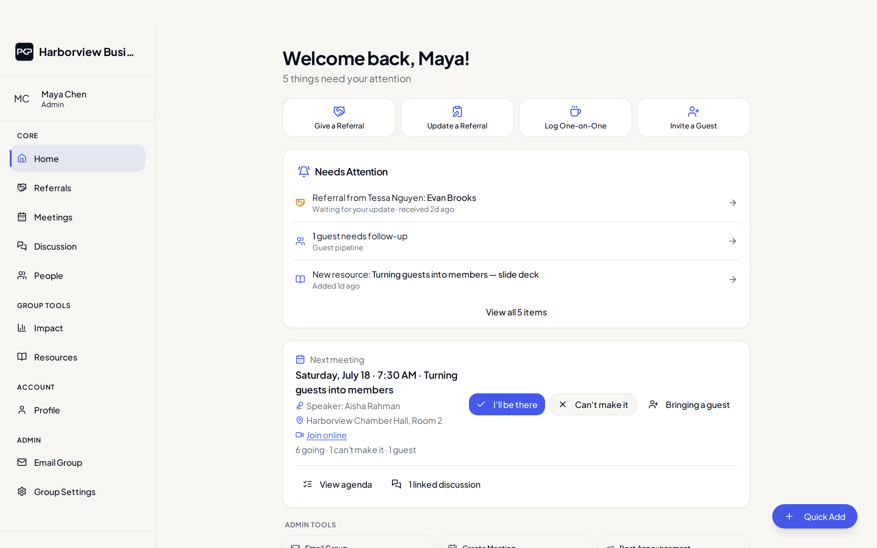 People Know People member dashboard showing quick actions, a needs-attention list, and the next meeting with RSVP buttons