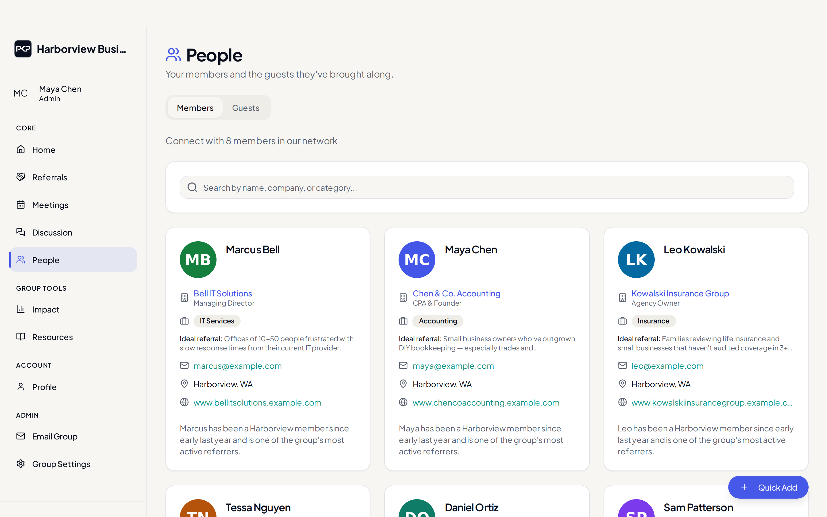 The searchable member directory showing each member's business, category, and ideal referral