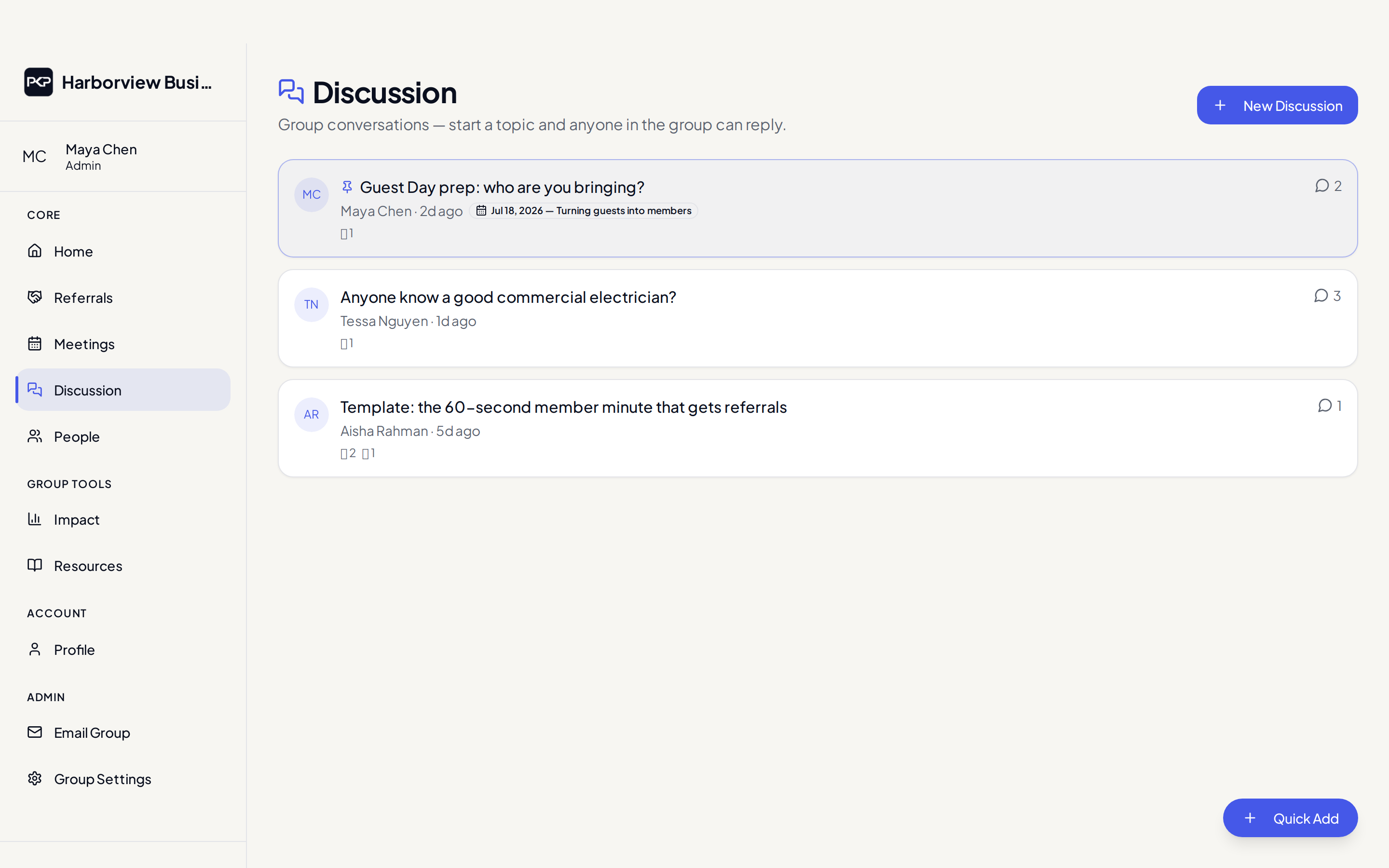 The group discussion board with pinned threads, replies, and reactions — including a thread asking for a commercial electrician referral