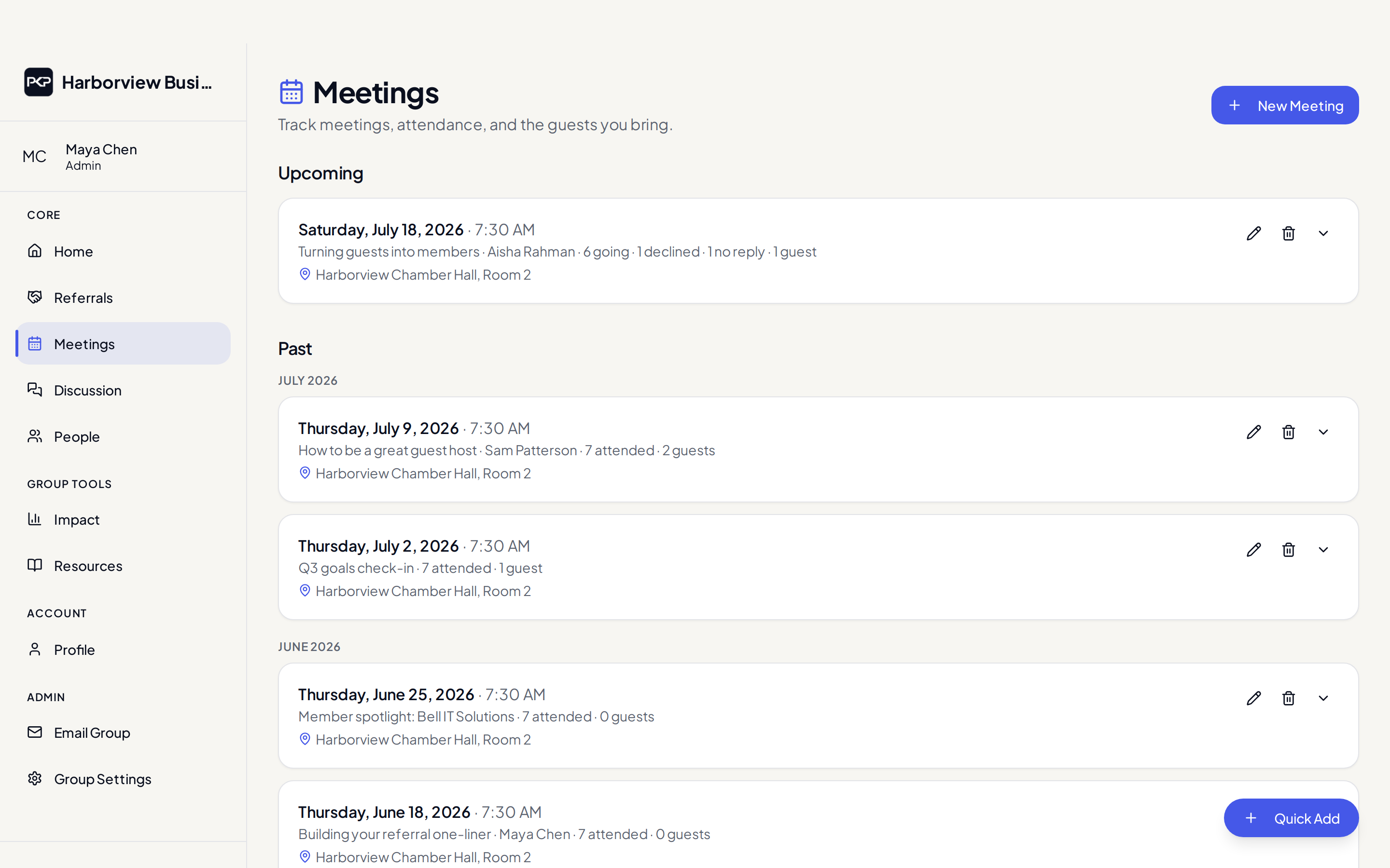 Meeting management with upcoming meetings, RSVP tallies, speakers, and locations