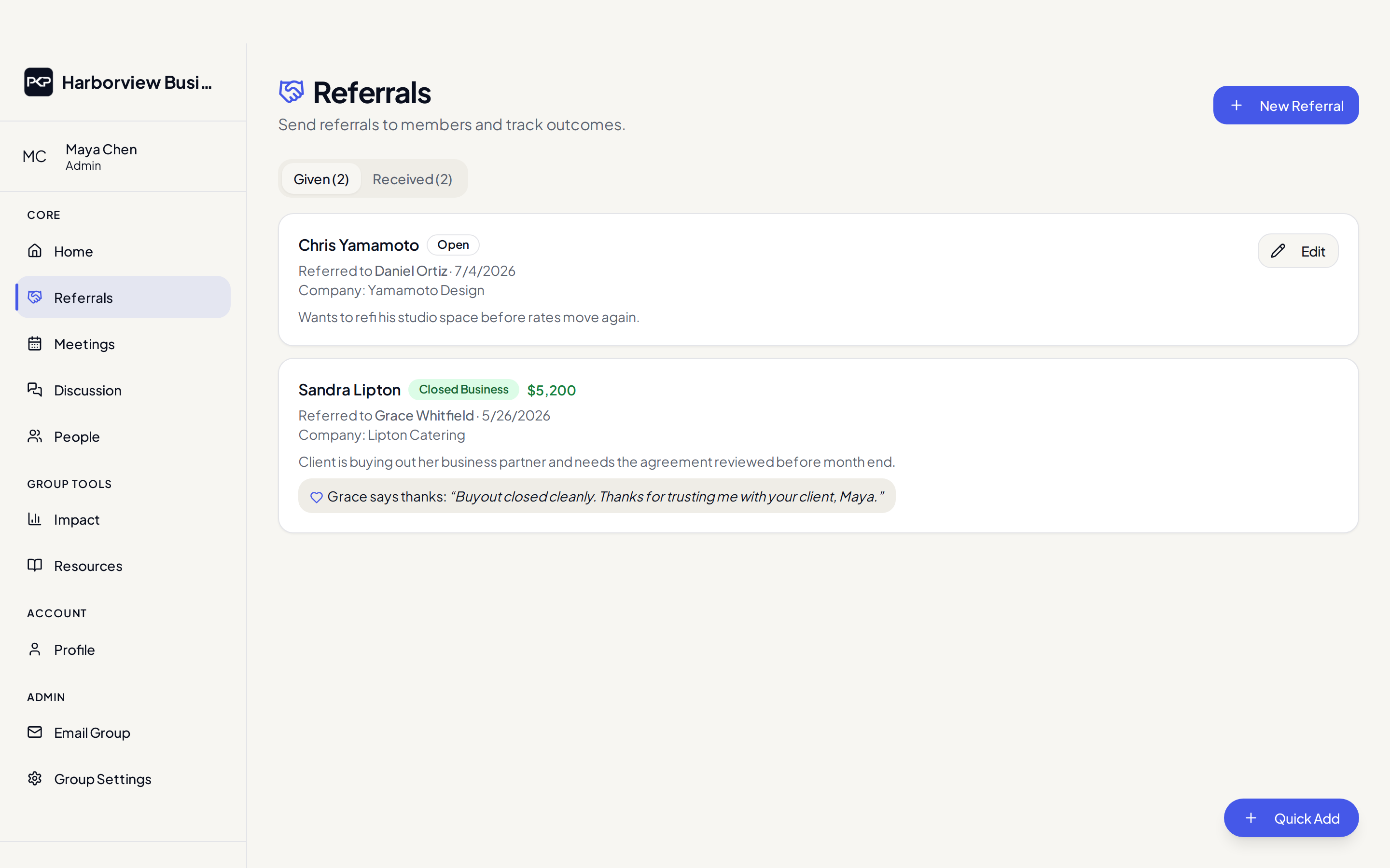 Harborview Business Network referrals list showing open and closed business referrals with recorded outcomes