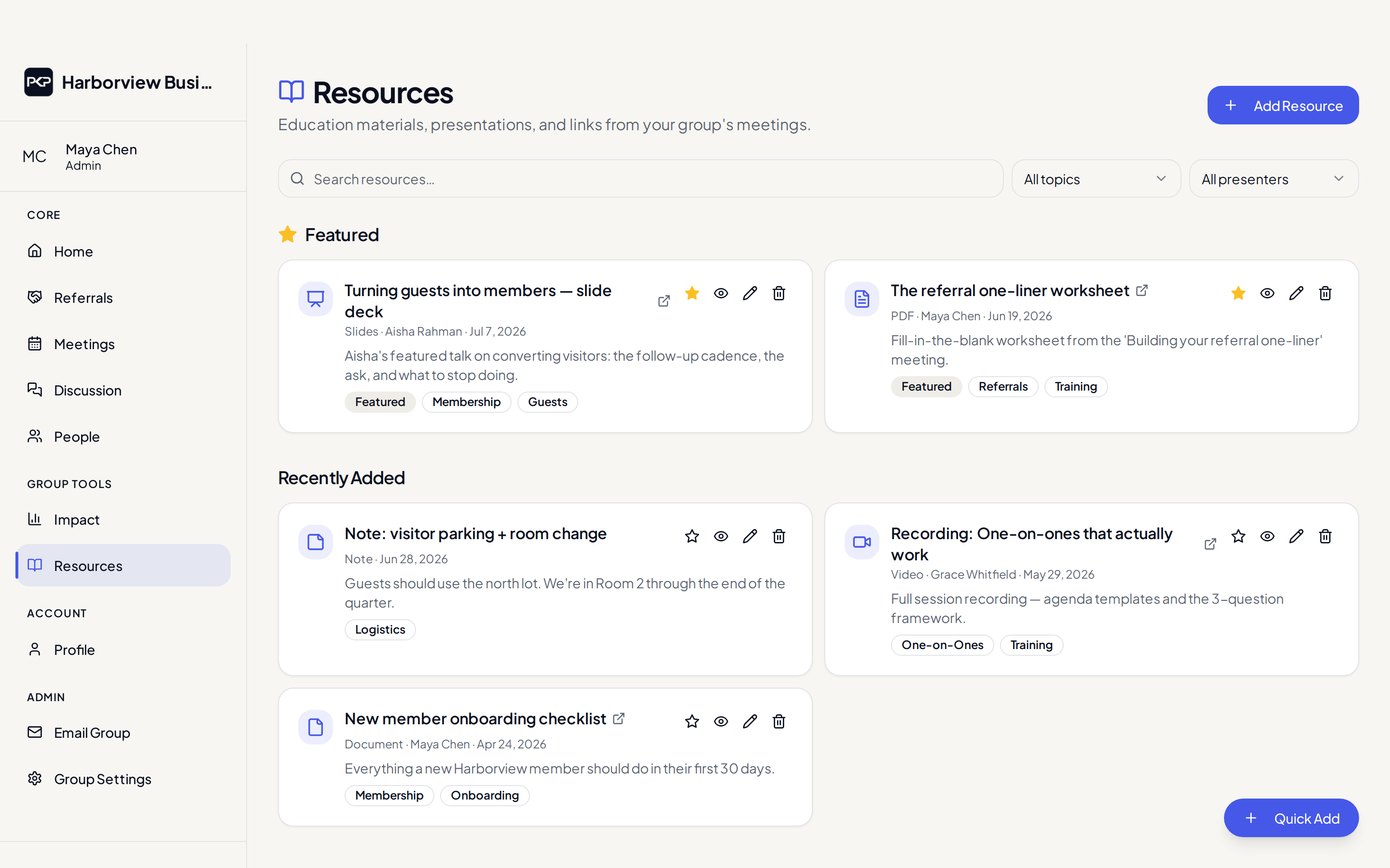 The searchable resource library with featured slide decks, worksheets, and meeting recordings organized by topic and presenter